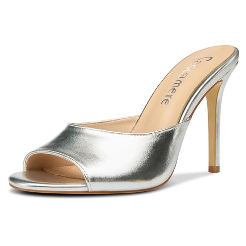 Castamere Damen Hoher High Stiletto Absatz Heel Peep Open Zehenkappe Slip-on Sandalen Dress Büroschuhe Lässig Pantoletten Schuhe 10 CM Heels Silber Matt 41 EU von Castamere