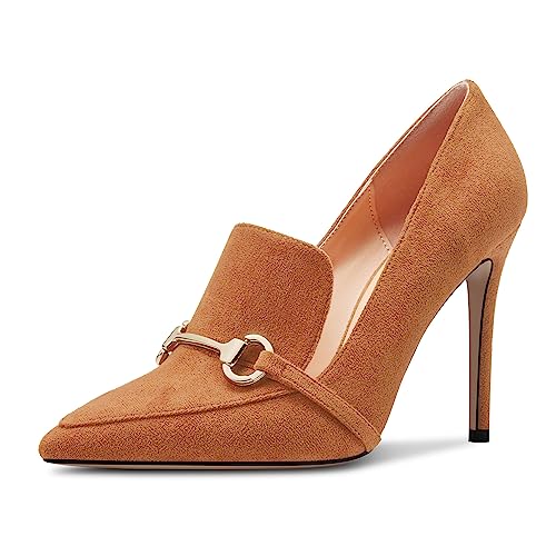 Castamere Damen Hoher High Stiletto Absatz Heel Spitze Zehenkappe Slip-on Pumps Hochzeit Büroschuhe 10 cm Heels Braun 44 EU von Castamere