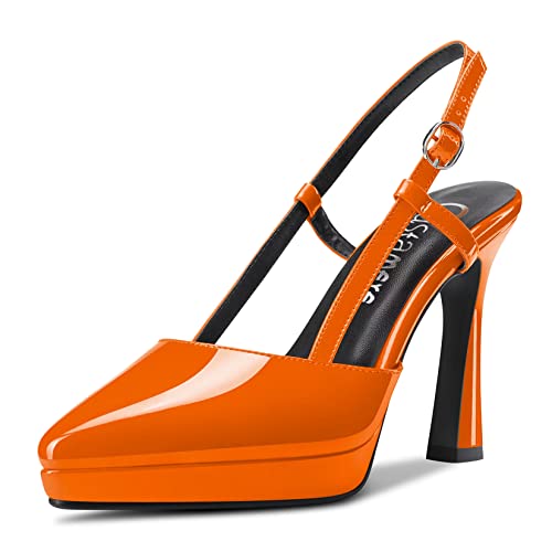 Castamere Damen Hoher High Stiletto Plateau Plattform Absatz Heel Spitze Zehenkappe Slingback Slip-on Pumps Hochzeit Dress 10 cm Heels Orange 39 EU von Castamere