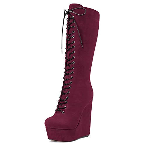 Castamere Damen Keilabsatz Hoher High Absatz Heel Geschlossene Runde Zehenkappe Mid Calf Schnüren Schnürung Reißverschluss Klassisch Stiefel Burgund Rot 38 EU von Castamere