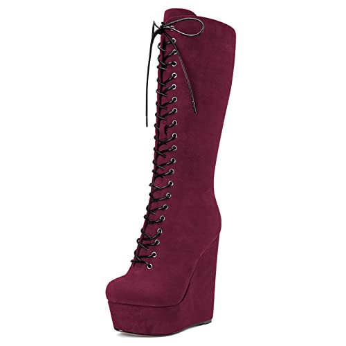 Castamere Damen Keilabsatz Hoher High Absatz Heel Geschlossene Runde Zehenkappe Mid Calf Schnüren Schnürung Reißverschluss Klassisch Stiefel Burgund Rot 43 EU von Castamere