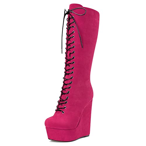 Castamere Damen Keilabsatz Hoher High Absatz Heel Geschlossene Runde Zehenkappe Mid Calf Schnüren Schnürung Reißverschluss Klassisch Stiefel Magenta Rot A 45 EU von Castamere