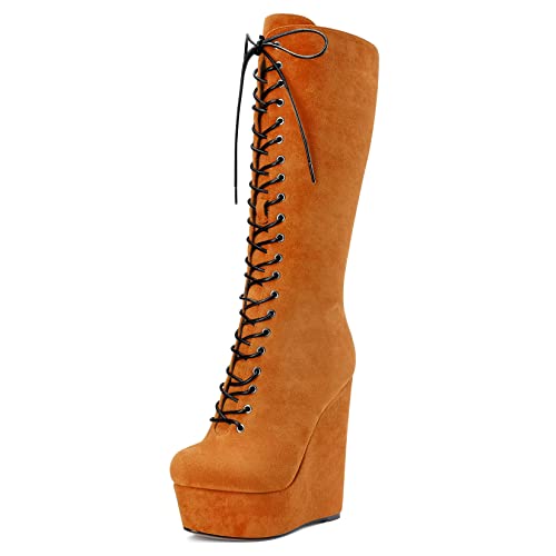 Castamere Damen Keilabsatz Hoher High Absatz Heel Geschlossene Runde Zehenkappe Mid Calf Schnüren Schnürung Reißverschluss Klassisch Stiefel Orange 40 EU von Castamere