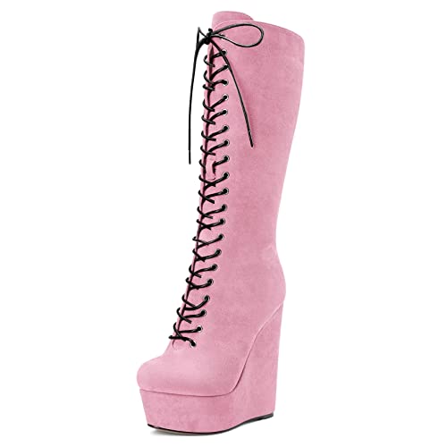 Castamere Damen Keilabsatz Hoher High Absatz Heel Geschlossene Runde Zehenkappe Mid Calf Schnüren Schnürung Reißverschluss Klassisch Stiefel Rosa 45 EU von Castamere