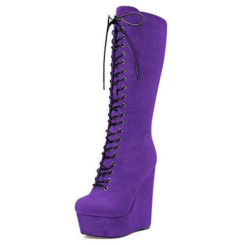 Castamere Damen Keilabsatz Hoher High Absatz Heel Geschlossene Runde Zehenkappe Mid Calf Schnüren Schnürung Reißverschluss Klassisch Stiefel Violett 44 EU von Castamere