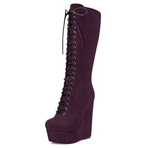 Castamere Damen Keilabsatz Hoher High Absatz Heel Geschlossene Runde Zehenkappe Mid Calf Schnüren Schnürung Reißverschluss Klassisch Stiefel Violett A 43 EU von Castamere