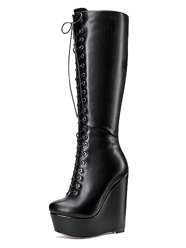 Castamere Damen Keilabsatz Plateau Plattform Hoher High Absatz Heel Mid Calf Reißverschluss Schnüren Schnürung Runde Zehenkappe Stiefel Schwarz 44 EU von Castamere