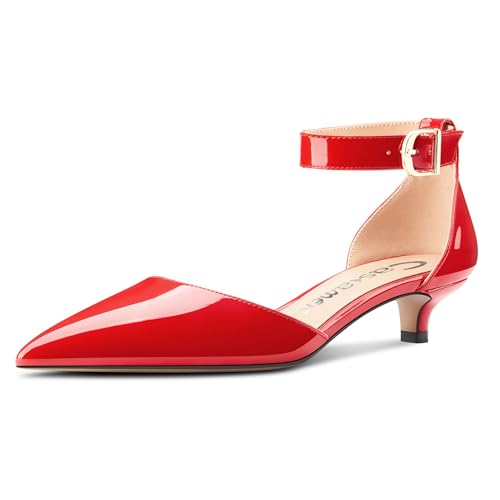 Castamere Damen Kitten Absatz Heel Geschlossene Spitze Zehenkappe Knöchelriemen Pumps Two-Piece Schnalle Dress Schuhe 3.5 cm Heels Rot 40 EU von Castamere