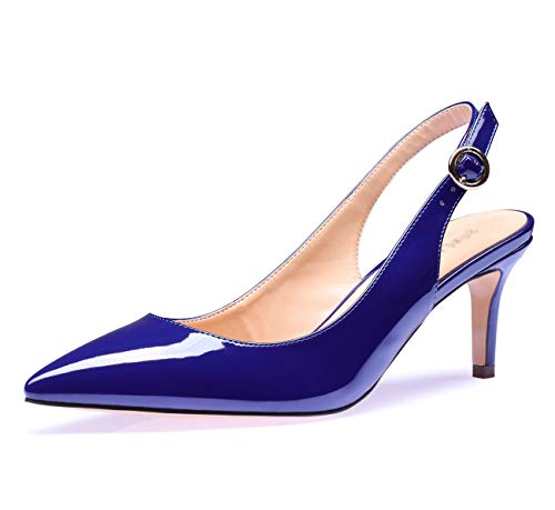 Castamere Damen Kitten Heels Slingback Sandalen Adjustable-Strap Spitzen Zehen Pumps Stilettos 6.5CM Blau Navy Lackleder Schuhe EU 40 von Castamere