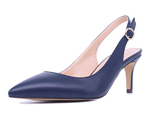 Castamere Damen Kitten Heels Slingback Sandalen Adjustable-Strap Spitzen Zehen Pumps Stilettos 6.5CM Blau Navy Pu Schuhe EU 36.5 von Castamere