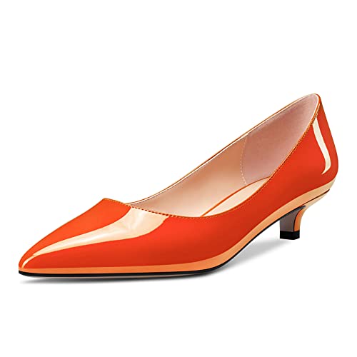 Castamere Damen Klassisch Kitten Absatz Heel Pumps Slip-on Spitze Zehenkappe Niedrige Büroschuhe Cute Dress Schuhe 3.5 cm Heels Orange 38 EU von Castamere