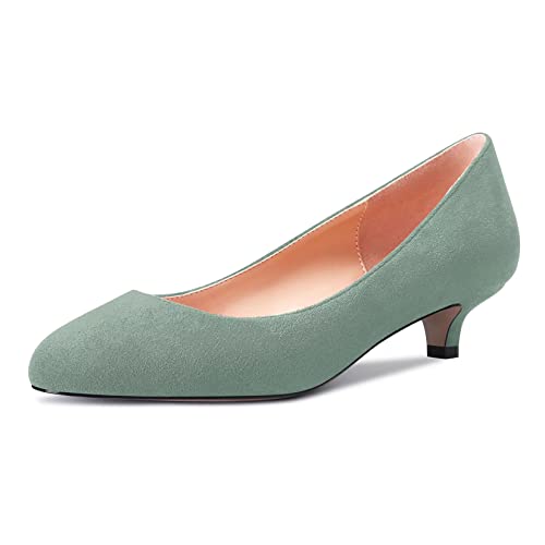 Castamere Damen Mädchen Stiletto Niedrige Kitten Absatz Heel Runde Zehenkappe Slip-on Pumps Klassisch Cute Büroschuhe 3.5 cm Heels Grün B 40 EU von Castamere
