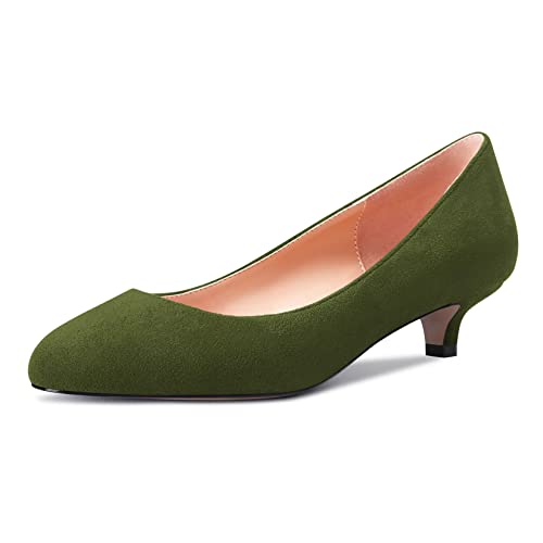 Castamere Damen Mädchen Stiletto Niedrige Kitten Absatz Heel Runde Zehenkappe Slip-on Pumps Klassisch Cute Büroschuhe 3.5 cm Heels Grün D 40 EU von Castamere