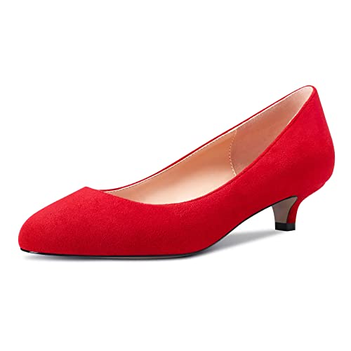 Castamere Damen Mädchen Stiletto Niedrige Kitten Absatz Heel Runde Zehenkappe Slip-on Pumps Klassisch Cute Büroschuhe 3.5 cm Heels Rot B 36 EU von Castamere