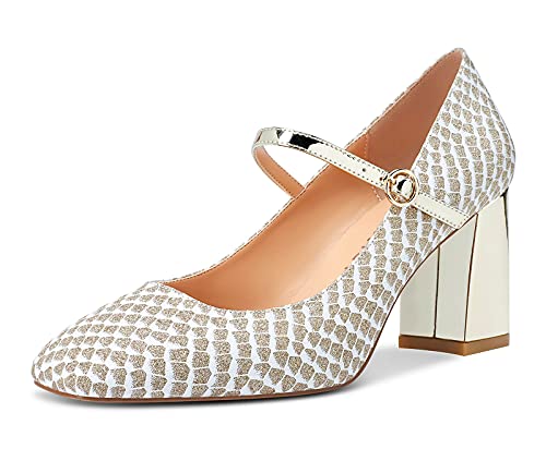 Castamere Damen Mary Jane High Heels Quadratische Zehe Blockabsatz 7.5CM Pumps Gold Bling Schuhe EU 35.5 von Castamere