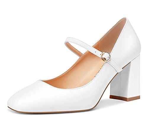 Castamere Damen Mary Jane High Heels Quadratische Zehe Blockabsatz 7.5CM Pumps Weiß Satin Schuhe EU 39 von Castamere