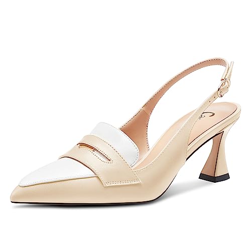 Castamere Damen Mittlerem Absatz Heel Spitze Zehenkappe Slingback Patchwork Pumps Sandalen Hochzeit Büroschuhe Abschlussball Klassisch 6.5 cm Heels Beige 42 EU von Castamere