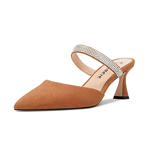 Castamere Damen Mittlerem Absatz Heel Spitze Zehenkappe Slip-on Pumps Diamant Kristall Pantoletten Schuhe Hochzeit Abschlussball 6.5 cm Heels Braun 35 EU von Castamere