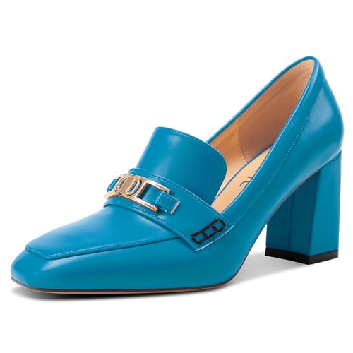 Castamere Damen Mittlerem Blockabsatz Absatz Heel Geschlossene Eckige Zehenkappe Slip-on Loafers Schuhe Schnalle Büroschuhe Lässig Pumps 8 cm Heels Blau 38 EU von Castamere