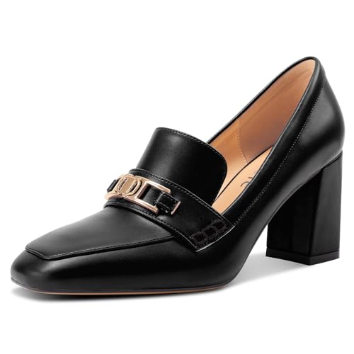 Castamere Damen Mittlerem Blockabsatz Absatz Heel Geschlossene Eckige Zehenkappe Slip-on Loafers Schuhe Schnalle Büroschuhe Lässig Pumps 8 cm Heels Schwarz 38 EU von Castamere
