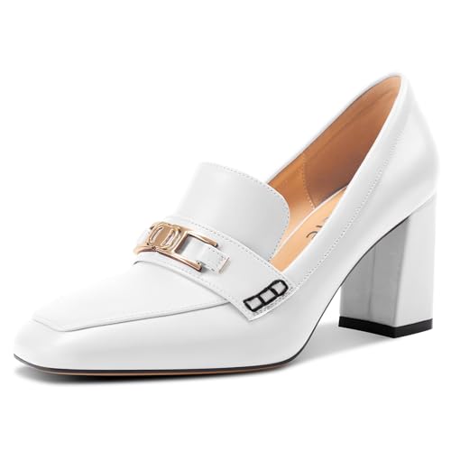 Castamere Damen Mittlerem Blockabsatz Absatz Heel Geschlossene Eckige Zehenkappe Slip-on Loafers Schuhe Schnalle Büroschuhe Lässig Pumps 8 cm Heels Weiß 37 EU von Castamere