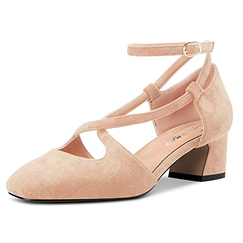 Castamere Damen Mittlerem Chunky Blockabsatz Absatz Heel Eckige Zehenkappe Kreuzriemen Pumps Party Cute Schuhe Beige Wildleder 43 EU von Castamere