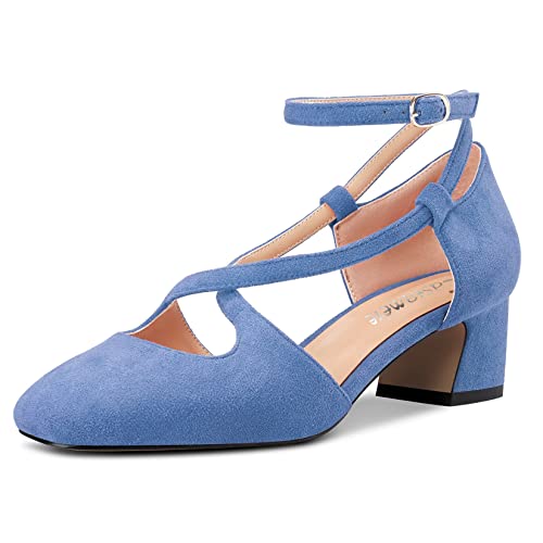 Castamere Damen Mittlerem Chunky Blockabsatz Absatz Heel Eckige Zehenkappe Kreuzriemen Pumps Party Cute Schuhe Blau Wildleder 38 EU von Castamere