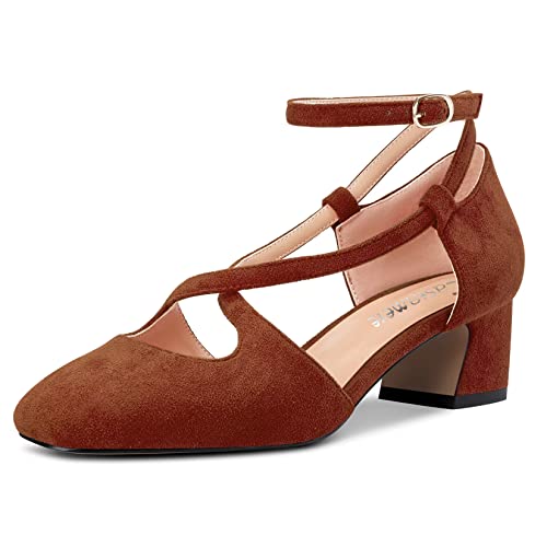 Castamere Damen Mittlerem Chunky Blockabsatz Absatz Heel Eckige Zehenkappe Kreuzriemen Pumps Party Cute Schuhe Braun Wildleder A 39 EU von Castamere