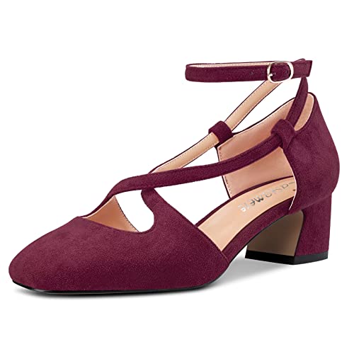 Castamere Damen Mittlerem Chunky Blockabsatz Absatz Heel Eckige Zehenkappe Kreuzriemen Pumps Party Cute Schuhe Burgund Rot Wildleder 38 EU von Castamere