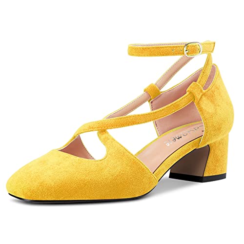 Castamere Damen Mittlerem Chunky Blockabsatz Absatz Heel Eckige Zehenkappe Kreuzriemen Pumps Party Cute Schuhe Gelb 40 EU von Castamere