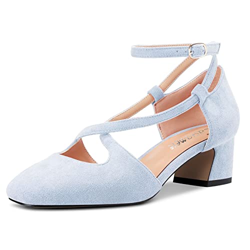 Castamere Damen Mittlerem Chunky Blockabsatz Absatz Heel Eckige Zehenkappe Kreuzriemen Pumps Party Cute Schuhe Hellblau Wildleder 40 EU von Castamere