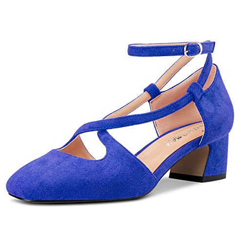 Castamere Damen Mittlerem Chunky Blockabsatz Absatz Heel Eckige Zehenkappe Kreuzriemen Pumps Party Cute Schuhe Königsblau Wildleder 37 EU von Castamere