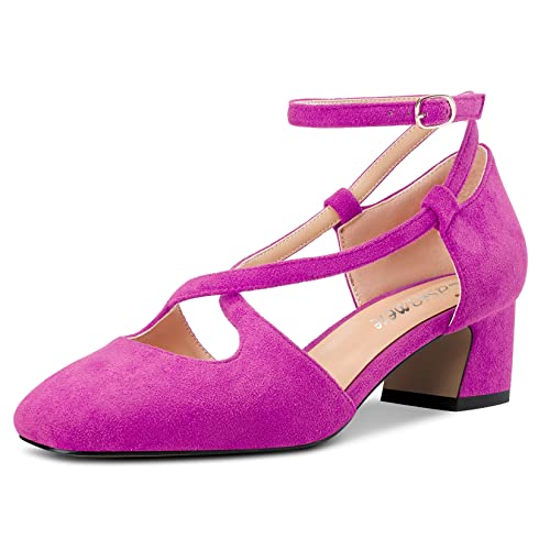 Castamere Damen Mittlerem Chunky Blockabsatz Absatz Heel Eckige Zehenkappe Kreuzriemen Pumps Party Cute Schuhe Magenta Rot Wildleder 40 EU von Castamere