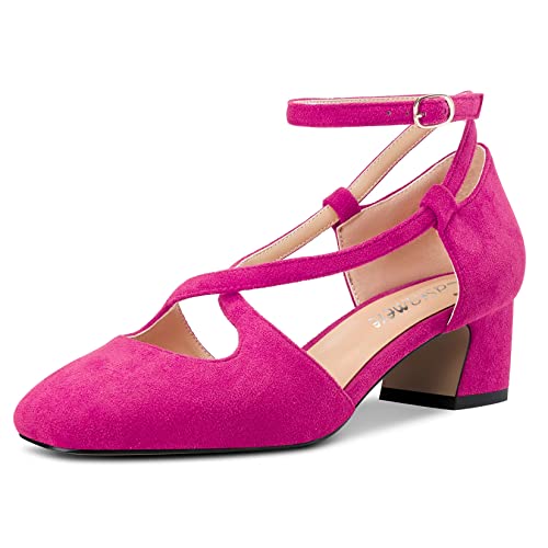 Castamere Damen Mittlerem Chunky Blockabsatz Absatz Heel Eckige Zehenkappe Kreuzriemen Pumps Party Cute Schuhe Magenta Rot Wildleder A 44 EU von Castamere