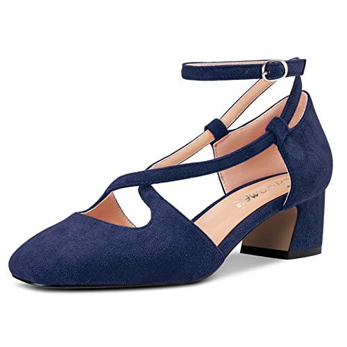 Castamere Damen Mittlerem Chunky Blockabsatz Absatz Heel Eckige Zehenkappe Kreuzriemen Pumps Party Cute Schuhe Navy Blau Wildleder 45 EU von Castamere