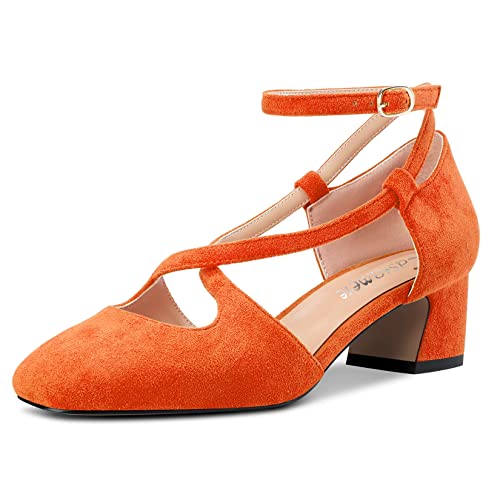 Castamere Damen Mittlerem Chunky Blockabsatz Absatz Heel Eckige Zehenkappe Kreuzriemen Pumps Party Cute Schuhe Orange Wildleder 43 EU von Castamere