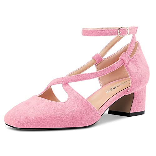 Castamere Damen Mittlerem Chunky Blockabsatz Absatz Heel Eckige Zehenkappe Kreuzriemen Pumps Party Cute Schuhe Rosa Wildleder 37 EU von Castamere