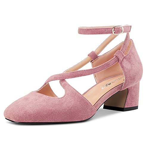 Castamere Damen Mittlerem Chunky Blockabsatz Absatz Heel Eckige Zehenkappe Kreuzriemen Pumps Party Cute Schuhe Rosa Wildleder A 35 EU von Castamere