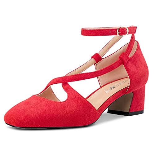 Castamere Damen Mittlerem Chunky Blockabsatz Absatz Heel Eckige Zehenkappe Kreuzriemen Pumps Party Cute Schuhe Rot Wildleder 36 EU von Castamere