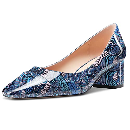 Castamere Damen Mittlerem Chunky Blockabsatz Absatz Heel Eckige Zehenkappe Slip-on Pumps Büroschuhe Lässig 5 cm Heels Blau Mehrfarbig 38 EU von Castamere