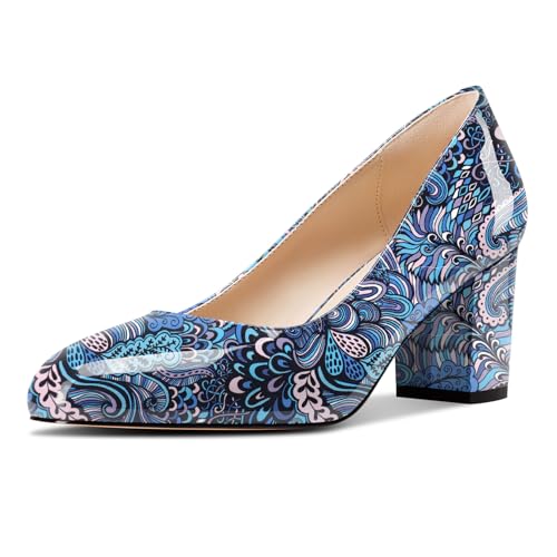 Castamere Damen Mittlerem Chunky Blockabsatz Absatz Heel Runde Zehenkappe Klassisch Pumps Slip-on Dress Lässig Schuhe 6.5 cm Heels Blau Mehrfarbig 40 EU von Castamere