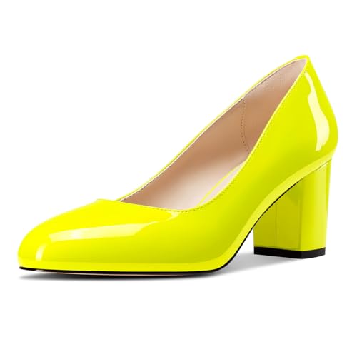 Castamere Damen Mittlerem Chunky Blockabsatz Absatz Heel Runde Zehenkappe Klassisch Pumps Slip-on Dress Lässig Schuhe 6.5 cm Heels Gelb 36 EU von Castamere