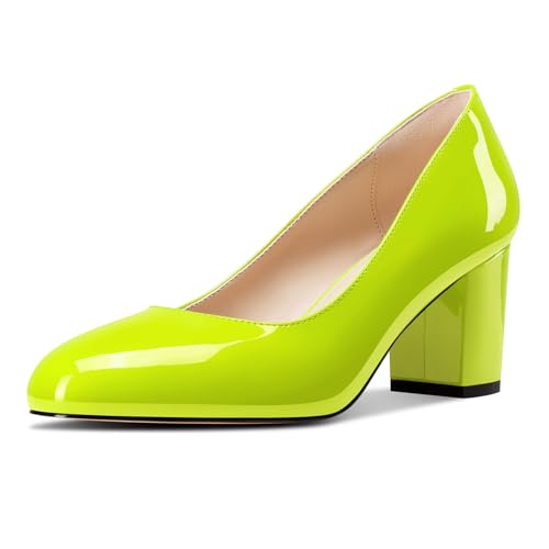 Castamere Damen Mittlerem Chunky Blockabsatz Absatz Heel Runde Zehenkappe Klassisch Pumps Slip-on Dress Lässig Schuhe 6.5 cm Heels Gelbgrün 37 EU von Castamere