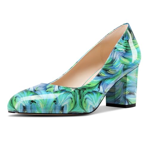 Castamere Damen Mittlerem Chunky Blockabsatz Absatz Heel Runde Zehenkappe Klassisch Pumps Slip-on Dress Lässig Schuhe 6.5 cm Heels Grüner Wirbel 43 EU von Castamere