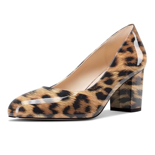 Castamere Damen Mittlerem Chunky Blockabsatz Absatz Heel Runde Zehenkappe Klassisch Pumps Slip-on Dress Lässig Schuhe 6.5 cm Heels Leopardbraun 39 EU von Castamere