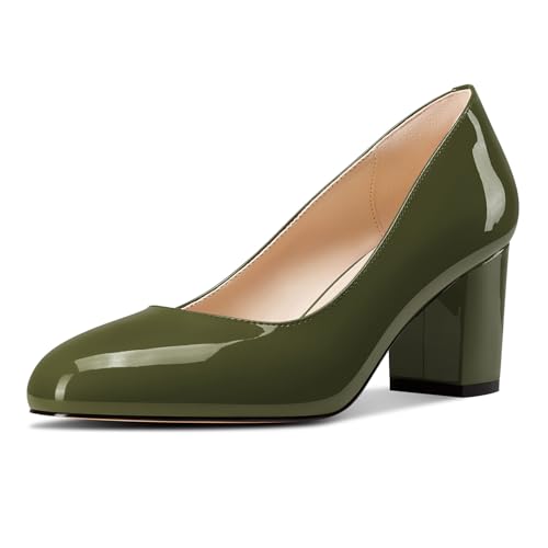 Castamere Damen Mittlerem Chunky Blockabsatz Absatz Heel Runde Zehenkappe Klassisch Pumps Slip-on Dress Lässig Schuhe 6.5 cm Heels Olivgrün 41 EU von Castamere