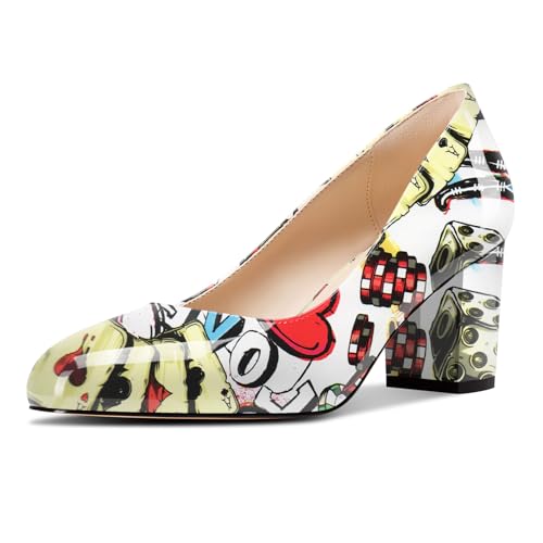 Castamere Damen Mittlerem Chunky Blockabsatz Absatz Heel Runde Zehenkappe Klassisch Pumps Slip-on Dress Lässig Schuhe 6.5 cm Heels Poker-Muster 42 EU von Castamere