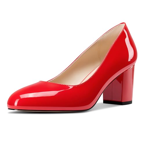 Castamere Damen Mittlerem Chunky Blockabsatz Absatz Heel Runde Zehenkappe Klassisch Pumps Slip-on Dress Lässig Schuhe 6.5 cm Heels Rot 38 EU von Castamere
