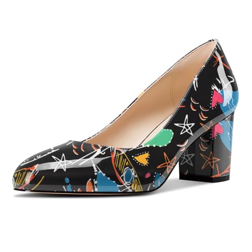 Castamere Damen Mittlerem Chunky Blockabsatz Absatz Heel Runde Zehenkappe Klassisch Pumps Slip-on Dress Lässig Schuhe 6.5 cm Heels Schwarzes Doodle 38 EU von Castamere