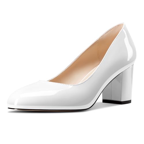 Castamere Damen Mittlerem Chunky Blockabsatz Absatz Heel Runde Zehenkappe Klassisch Pumps Slip-on Dress Lässig Schuhe 6.5 cm Heels Weiß 39 EU von Castamere